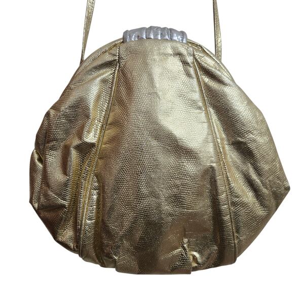 Genuine Leather Vtg USA Gold Silver Metallic  Patchwork Studded Clam Shell Bag - Picture 4 of 10